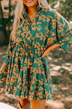 Load image into Gallery viewer, Green Floral Print Drawstring Tunic Flowy Short Dress