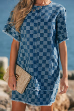 Load image into Gallery viewer, Sky Blue Frayed Hem Checkered Denim Mini Dress