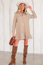Load image into Gallery viewer, Brown Stripe Ruffled Hem Collared Long Sleeve Shirt Mini Dress
