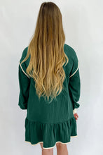Load image into Gallery viewer, Evergreen Contrast Trim Zip Collar Long Sleeve Ruffle Hem Mini Dress