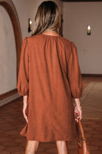 Load image into Gallery viewer, Moss Green Bracelet Sleeve Split Neck Scallop Detail Pleated Corduroy Mini Dress