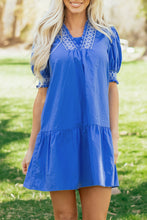 Load image into Gallery viewer, Sky Blue Embroidered Smocked Detail V Neck Short Puff Sleeve Mini Dress