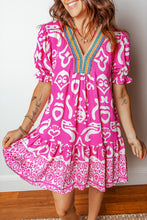 Load image into Gallery viewer, Rose Boho Mixed Print Contrast Trim V Neck Short Sleeve Flared Dress
