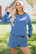 Load image into Gallery viewer, Blue Stripe Drop Shoulder Long Sleeve Pullover Elastic Waist Casual Short Set
