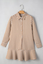 Load image into Gallery viewer, Brown Stripe Ruffled Hem Collared Long Sleeve Shirt Mini Dress