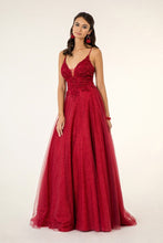 Load image into Gallery viewer, V-Neck Floral Embroidery Embellished Bodice Glitter Mesh Long Dress