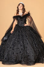 Load image into Gallery viewer, Mesh Quinceanera Dress w/ Side Mesh Drape and Detachable Feather Embellishment