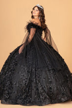 Load image into Gallery viewer, Mesh Quinceanera Dress w/ Side Mesh Drape and Detachable Feather Embellishment