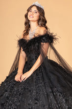 Load image into Gallery viewer, Mesh Quinceanera Dress w/ Side Mesh Drape and Detachable Feather Embellishment