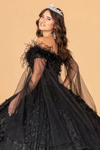 Load image into Gallery viewer, Mesh Quinceanera Dress w/ Side Mesh Drape and Detachable Feather Embellishment