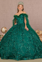 Load image into Gallery viewer, Mesh Quinceanera Dress w/ Side Mesh Drape and Detachable Feather Embellishment