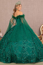 Load image into Gallery viewer, Mesh Quinceanera Dress w/ Side Mesh Drape and Detachable Feather Embellishment