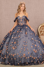 Load image into Gallery viewer, 3-D Flower Applique Glitter Off Shoulder Mesh Quinceanera Dress