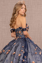 Load image into Gallery viewer, 3-D Flower Applique Glitter Off Shoulder Mesh Quinceanera Dress