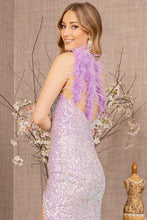 Load image into Gallery viewer, Sequin Asymmetric Cut-out Back Mermaid Dress w/ Feather Strap