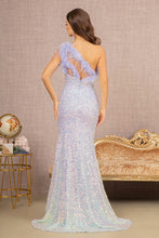 Load image into Gallery viewer, Sequin Asymmetric Cut-out Back Mermaid Dress w/ Feather Strap