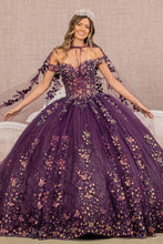 Load image into Gallery viewer, 3-D Butterfly Sheer Bodice Quinceanera Gown w/ Long Mesh Cape