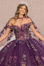 Load image into Gallery viewer, 3-D Butterfly Sheer Bodice Quinceanera Gown w/ Long Mesh Cape