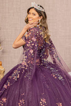 Load image into Gallery viewer, 3-D Butterfly Sheer Bodice Quinceanera Gown w/ Long Mesh Cape
