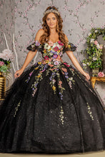 Load image into Gallery viewer, 3-D Flower Applique Mesh Quinceanera Gown w/ Detachable Short Sleeves