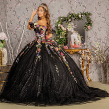 Load image into Gallery viewer, 3-D Flower Applique Mesh Quinceanera Gown w/ Detachable Short Sleeves