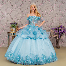 Load image into Gallery viewer, 3-D Flower Applique Sheer Bodice Quinceanera Gown w/ Ruffle Skirt