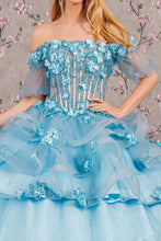 Load image into Gallery viewer, 3-D Flower Applique Sheer Bodice Quinceanera Gown w/ Ruffle Skirt