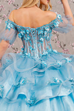 Load image into Gallery viewer, 3-D Flower Applique Sheer Bodice Quinceanera Gown w/ Ruffle Skirt