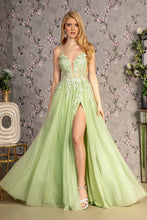 Load image into Gallery viewer, 3-D Flower Glitter Sheer Bodice Mesh A-line Long Dress w/ Side Slit