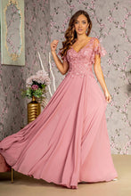 Load image into Gallery viewer, 3-D Flower Embroidery Chiffon A-line Long Dress w/ Sheer Short Sleeves