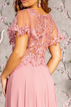 Load image into Gallery viewer, 3-D Flower Embroidery Chiffon A-line Long Dress w/ Sheer Short Sleeves