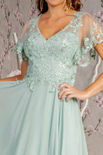 Load image into Gallery viewer, 3-D Flower Embroidery Chiffon A-line Long Dress w/ Sheer Short Sleeves