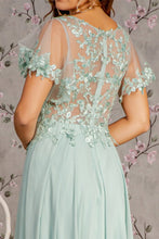 Load image into Gallery viewer, 3-D Flower Embroidery Chiffon A-line Long Dress w/ Sheer Short Sleeves