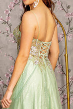 Load image into Gallery viewer, 3-D Flower Jewel Sheer Corset Bodice Mesh A-line Long Dress