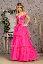 Load image into Gallery viewer, 3-D Flower Off Shoulder Mesh A-line Long Dress w/ Ribbon waist Band