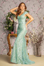 Load image into Gallery viewer, 3-D Flower Glitter Sheer Neckline Mesh Mermaid Long Dress