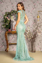Load image into Gallery viewer, 3-D Flower Glitter Sheer Neckline Mesh Mermaid Long Dress