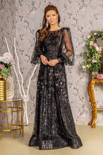 Load image into Gallery viewer, Bead Sheer Bodice Mesh A-line Long Dress w/ Sheer Puff Sleeves