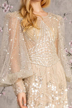 Load image into Gallery viewer, Bead Sheer Bodice Mesh A-line Long Dress w/ Sheer Puff Sleeves