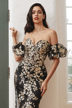 Load image into Gallery viewer, Strapless Glitter Floral Print Gown With Detachable Puff Sleeves