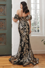 Load image into Gallery viewer, Strapless Glitter Floral Print Gown With Detachable Puff Sleeves