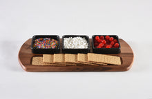 Load image into Gallery viewer, Charcuterie/ Serving Tray w/ 3 black square ceramic bowls