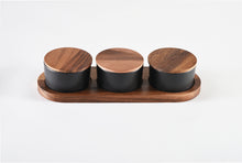 Load image into Gallery viewer, Black Ceramic Condiment Set on Acacia Wood Base