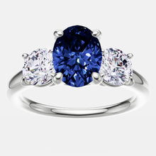 Load image into Gallery viewer, 2.00 CTW Lab Created Oval Blue Sapphire & Diamond 3-Stone Engagement Ring in 14kt Gold