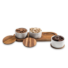 Load image into Gallery viewer, Condiment Serving Set 3 Ceramic Bowls with Lids 13" x 3.75"