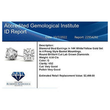 Load image into Gallery viewer, 0.50 CTW AGI Certified Lab Grown Diamond (G-VS) Stud Earrings in Choice Of 14K White or Yellow Gold
