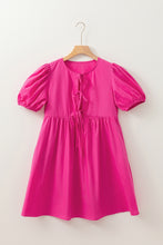 Load image into Gallery viewer, Bright Pink Solid Color Puff Sleeve Tie Front High Waist Mini Dress
