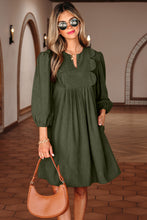 Load image into Gallery viewer, Moss Green Bracelet Sleeve Split Neck Scallop Detail Pleated Corduroy Mini Dress
