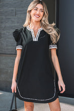 Load image into Gallery viewer, Black Leopard Trim Notched Neck Short Puff Sleeve Shift Mini Dress
