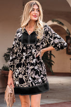 Load image into Gallery viewer, Black 3/4 Sleeve Botanical Print Split Neck Loose Mini Dress
